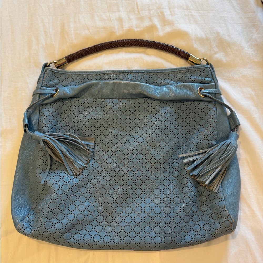Italian Leather Large Blue Handbag Perforated Bag Purse Brown Cool Handle A